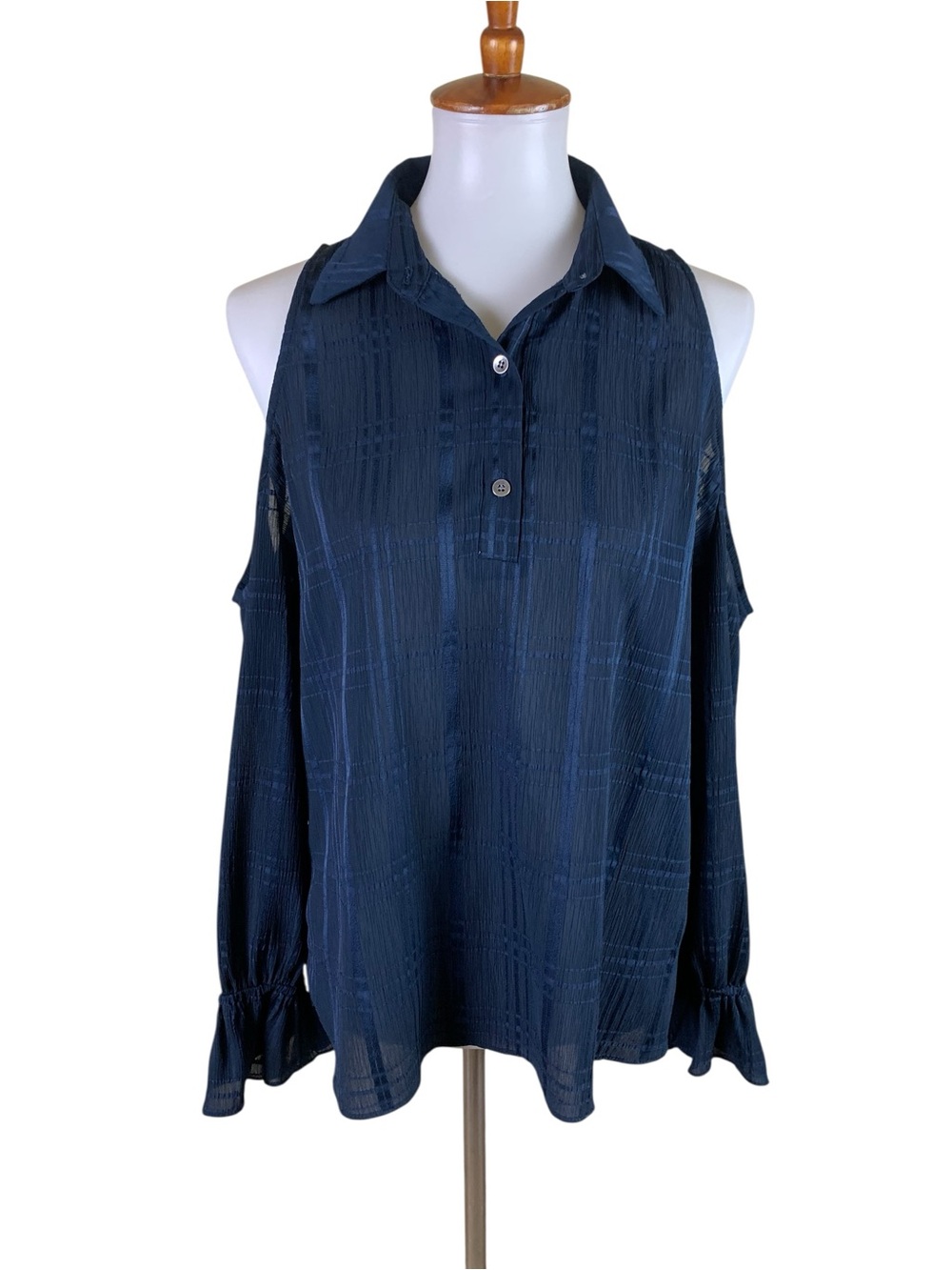 Waverly Grey Navy Blue Cold Shoulder Plaid Blouse L Ruffle Sleeve Boho